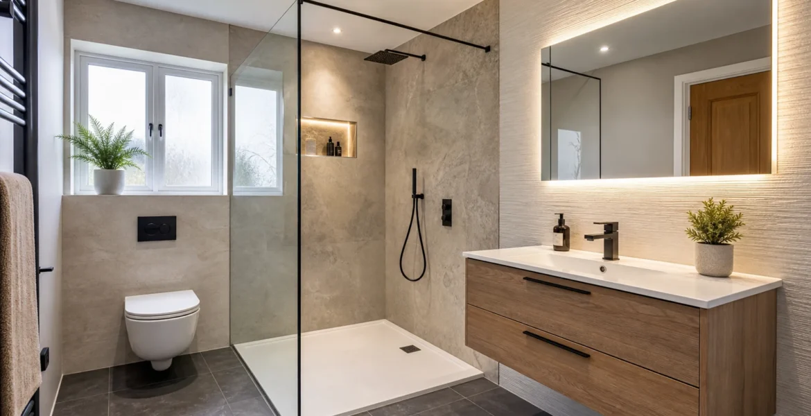 Modern bathroom renovation with walk-in shower and wall hung vanity unit