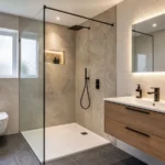 Modern bathroom renovation with walk-in shower and wall hung vanity unit