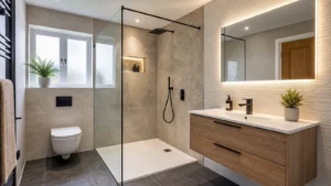 Modern bathroom renovation with walk-in shower and wall hung vanity unit