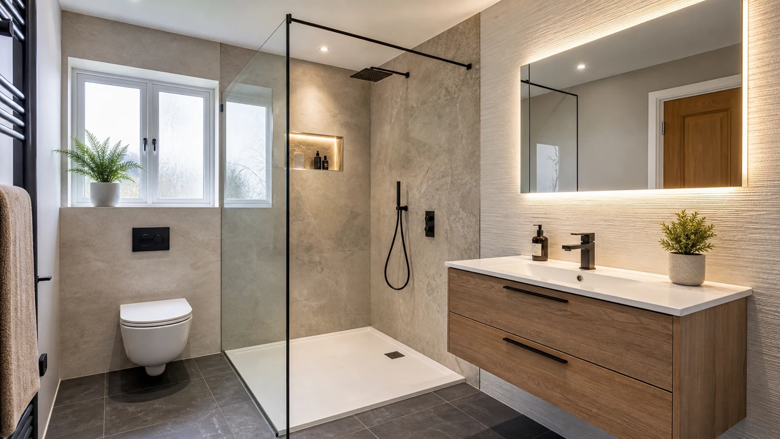 Modern bathroom renovation with walk-in shower and wall hung vanity unit