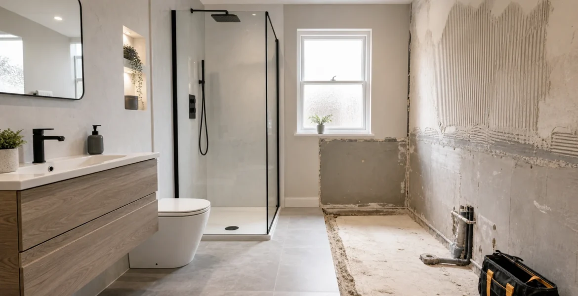 Bathroom refurbishment with new vanity, walk-in shower and prepared wall area