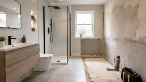 Bathroom refurbishment with new vanity, walk-in shower and prepared wall area