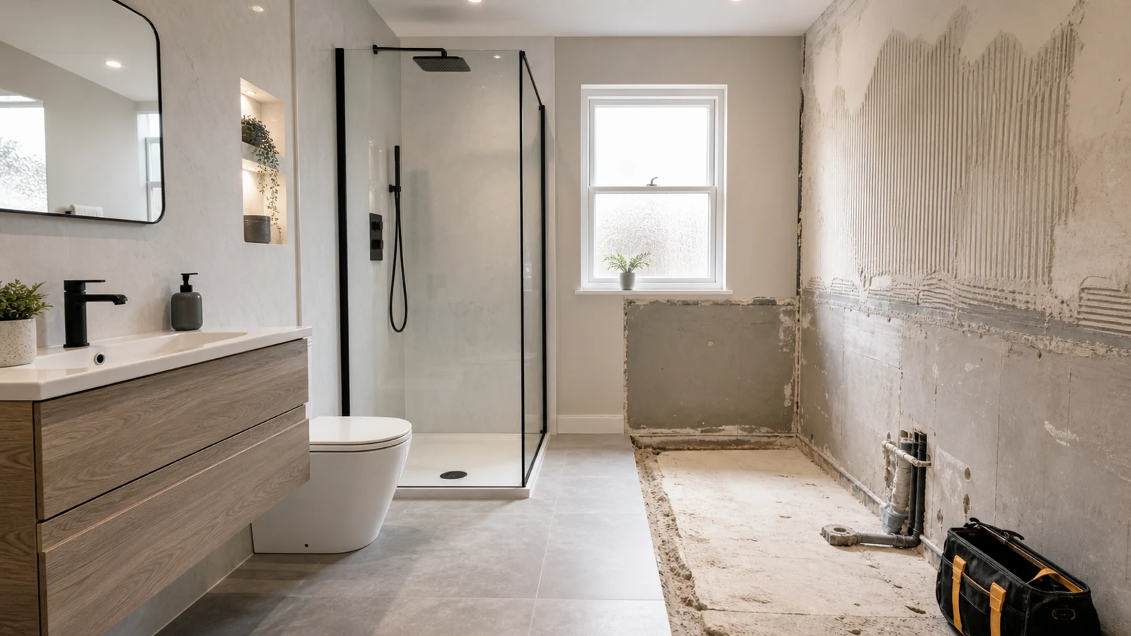 Bathroom refurbishment with new vanity, walk-in shower and prepared wall area