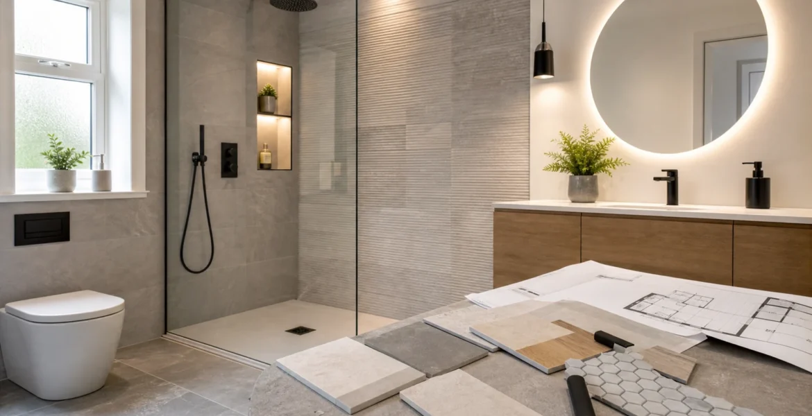 Bathroom renovation planning with tile samples, vanity and walk-in shower