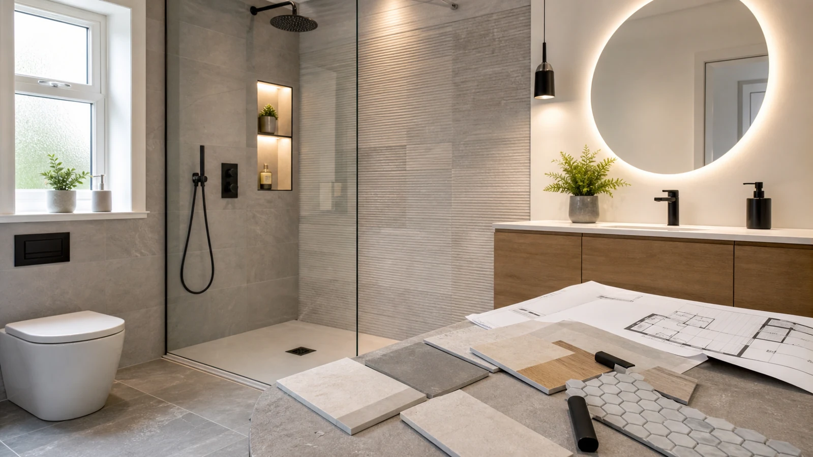 Bathroom renovation planning with tile samples, vanity and walk-in shower