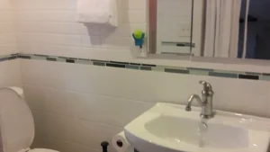 Bathroom storage ideas showing compact vanity unit, mirror cabinet and tidy basin area