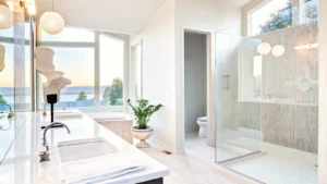 Bright family bathroom renovation with bath, shower area and practical vanity storage