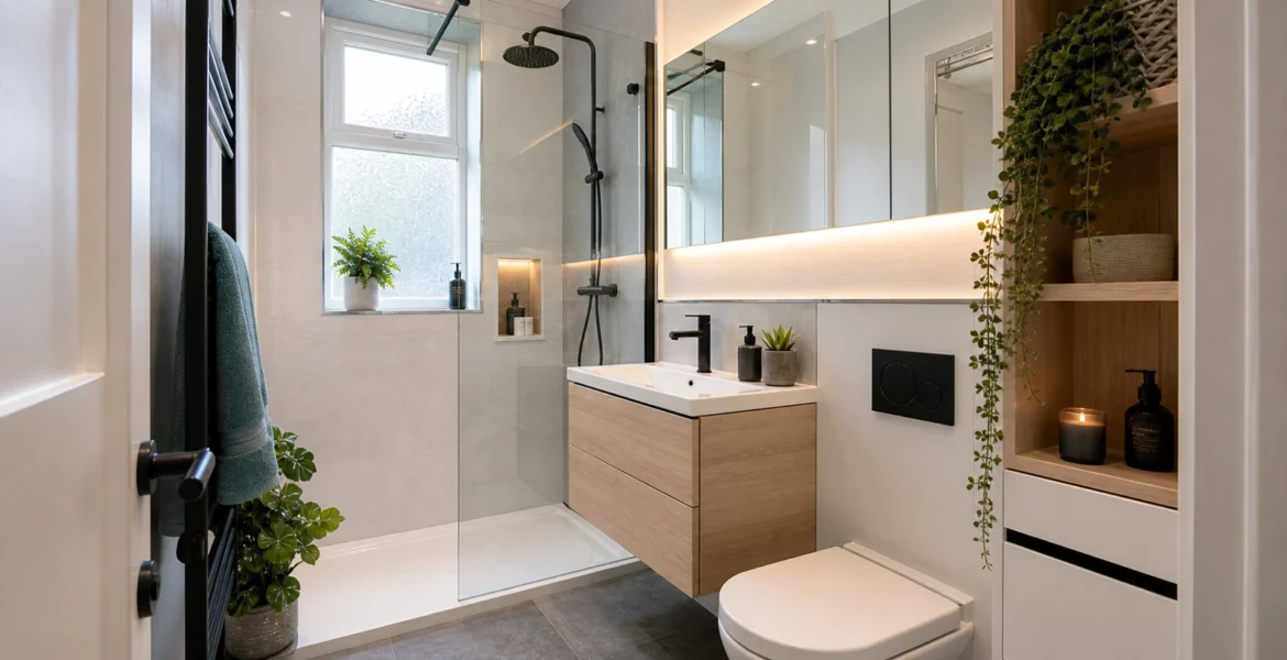 Small bathroom renovation with walk-in shower, wall hung vanity and practical storage