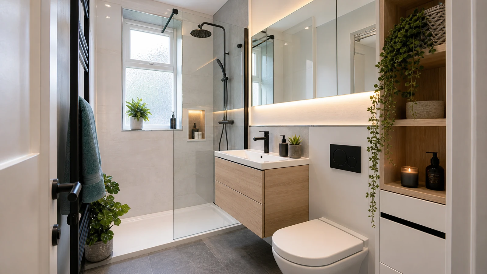 Small bathroom renovation with walk-in shower, wall hung vanity and practical storage