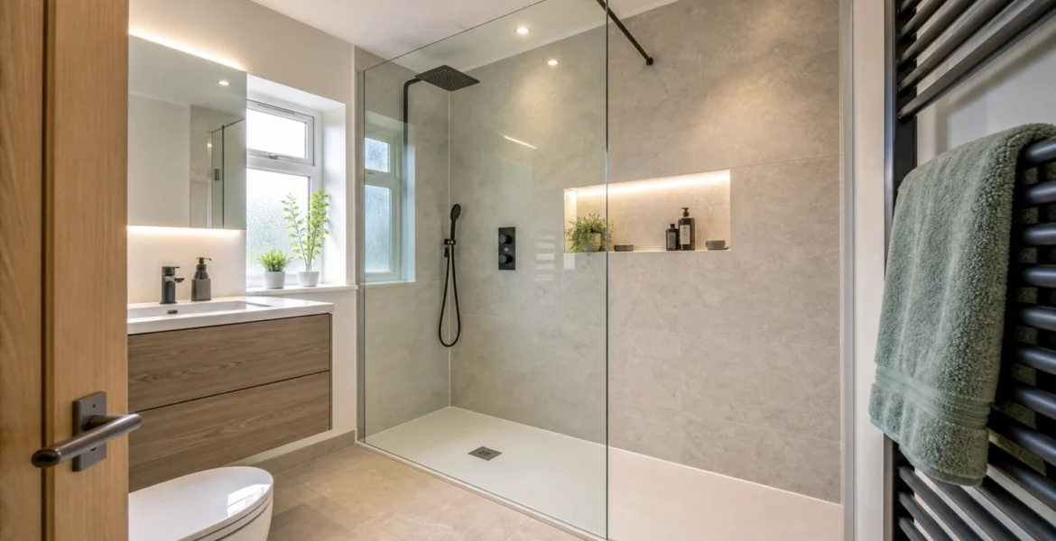 Walk-in shower renovation with glass screen, wall panels and low profile tray