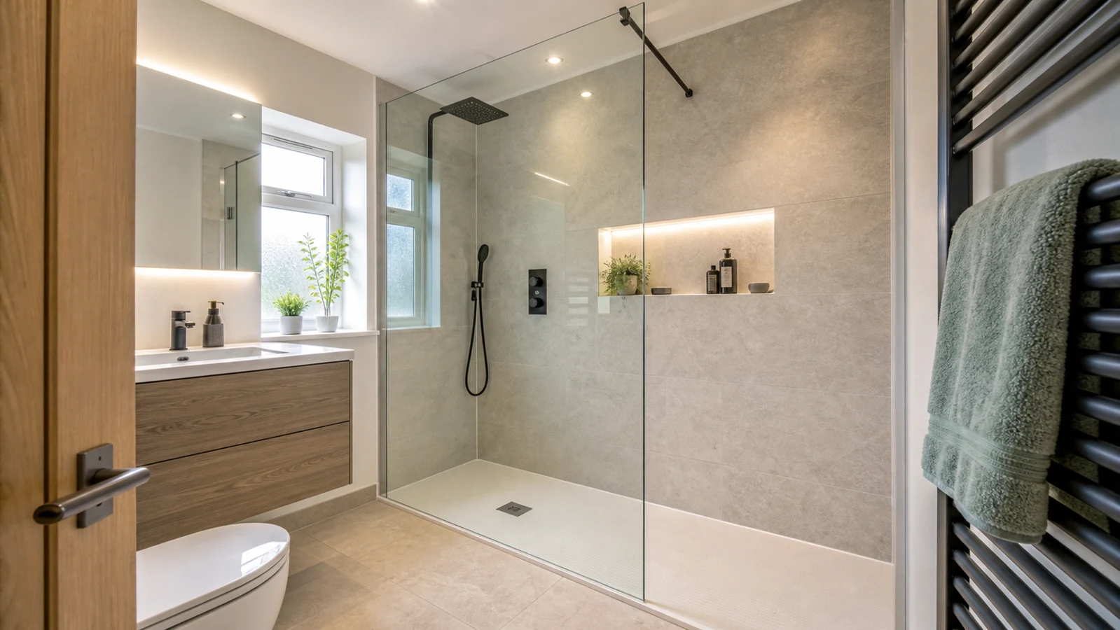 Walk-in shower renovation with glass screen, wall panels and low profile tray