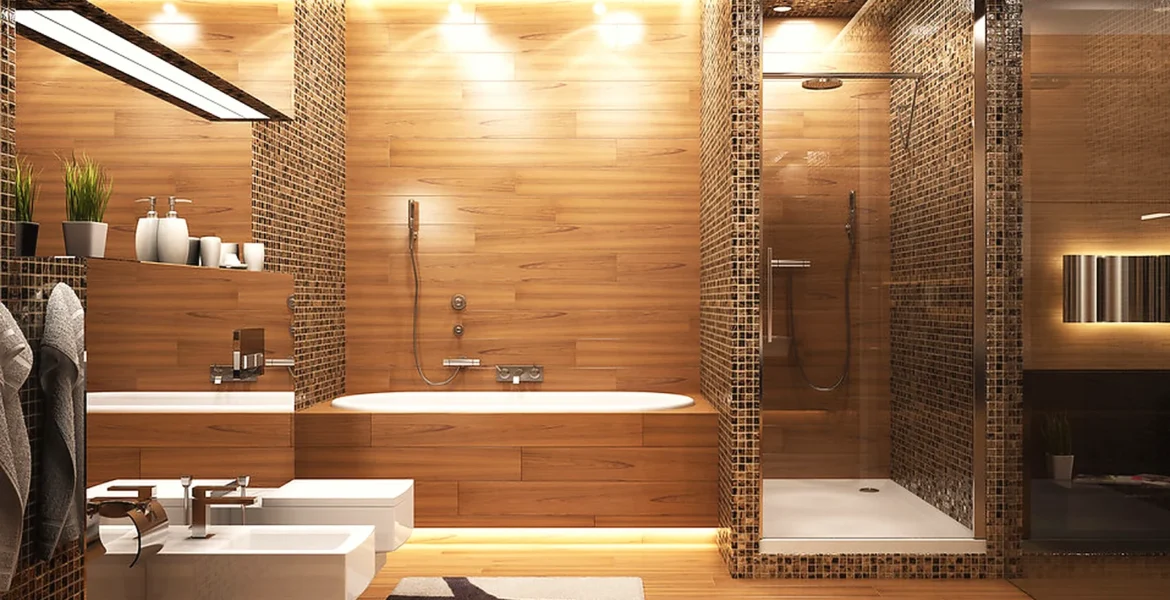 Modern wet room style bathroom with open shower area and warm wall finishes