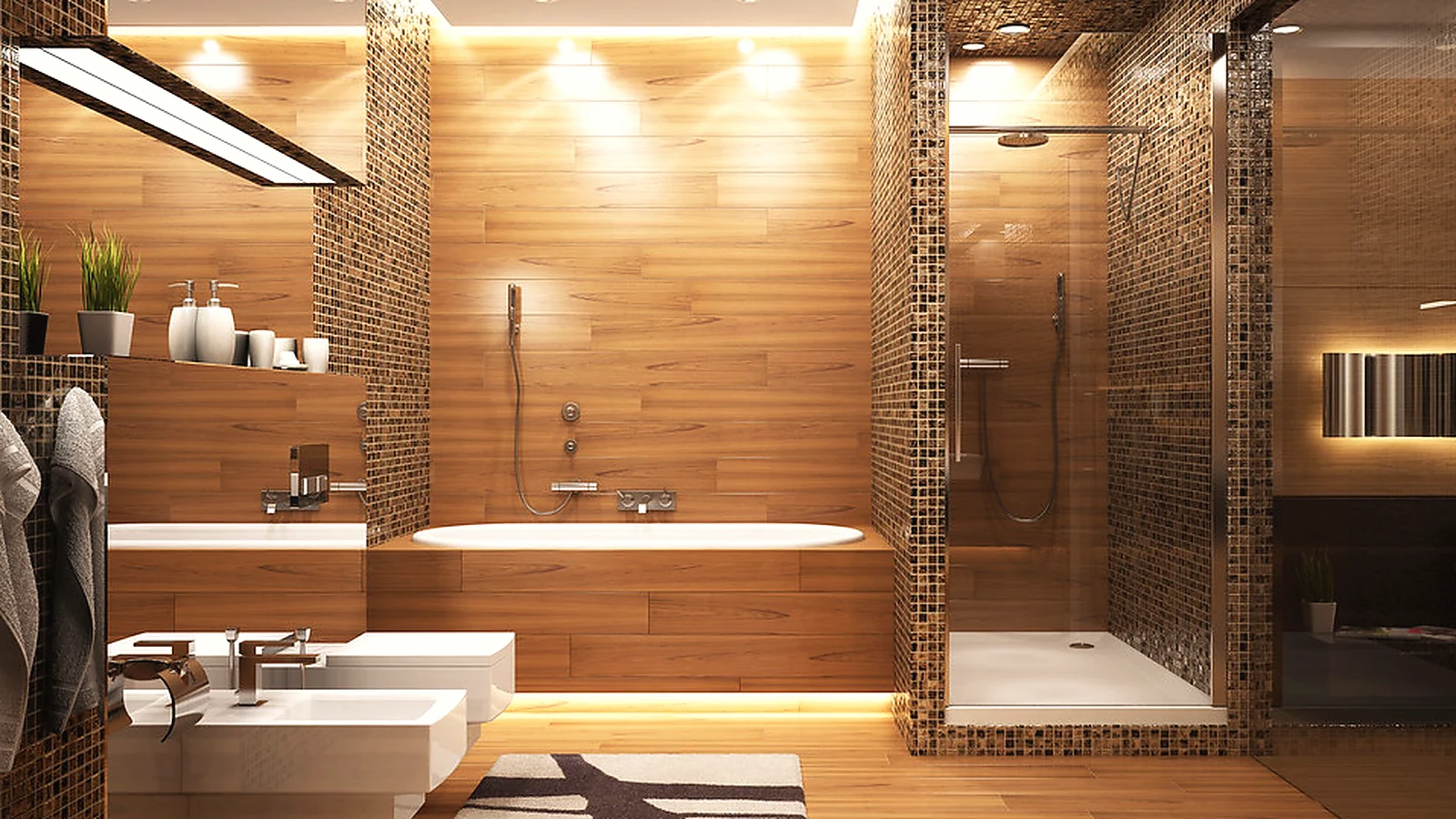 Modern wet room style bathroom with open shower area and warm wall finishes