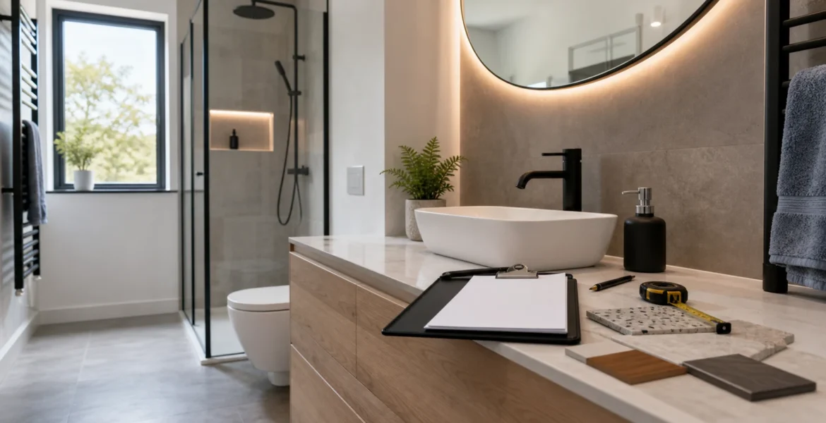 Bathroom fitting consultation with material samples, tape measure and modern bathroom finishes