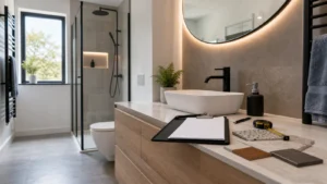 Bathroom fitting consultation with material samples, tape measure and modern bathroom finishes