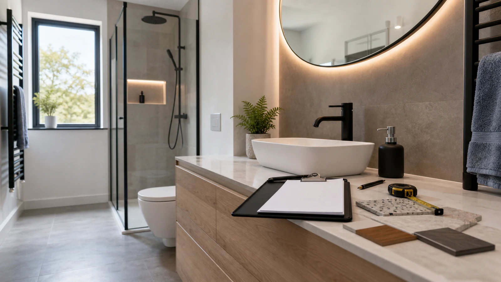 Bathroom fitting consultation with material samples, tape measure and modern bathroom finishes
