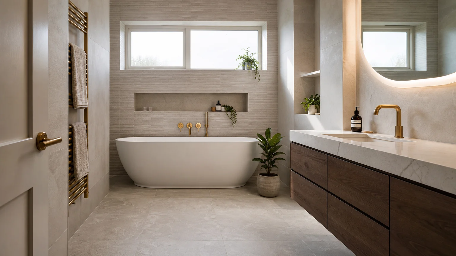 Finished bathroom renovation in Alderley Edge with tiled bath and vanity