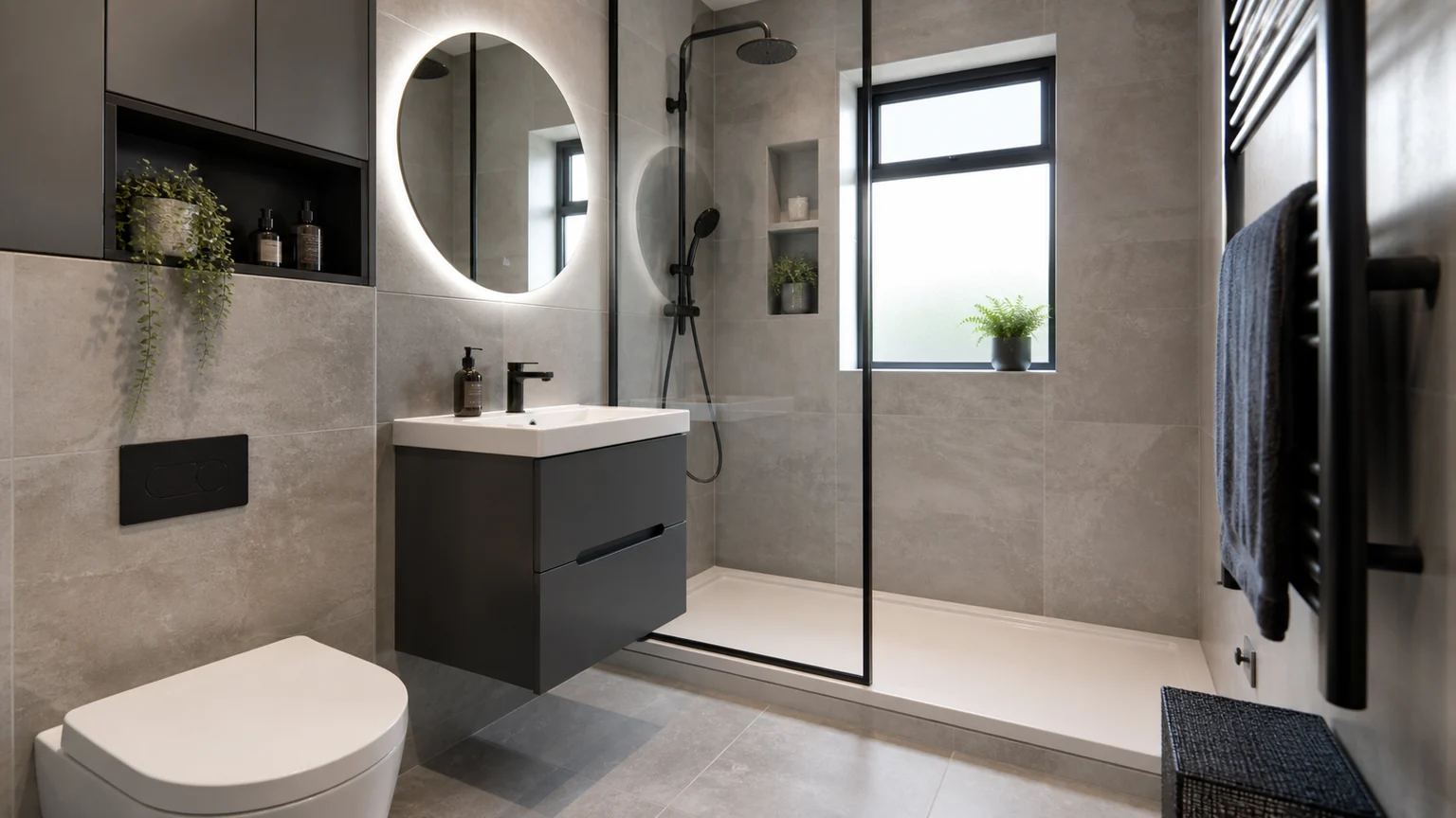 Compact Manchester bathroom renovation with walk in shower and storage
