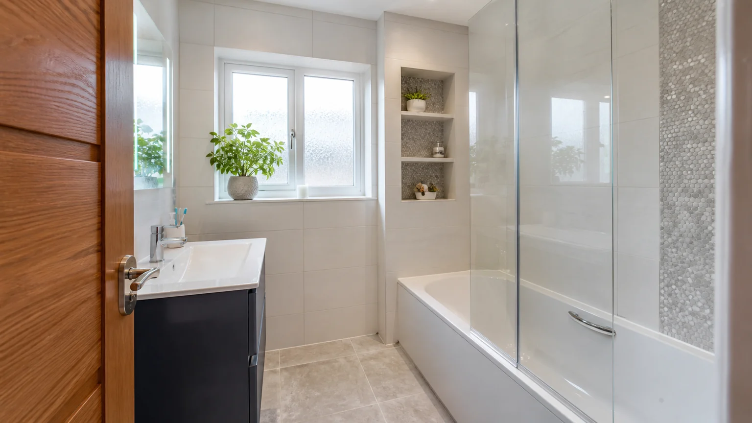 Family bathroom renovation in Runcorn with bath shower screen and vanity