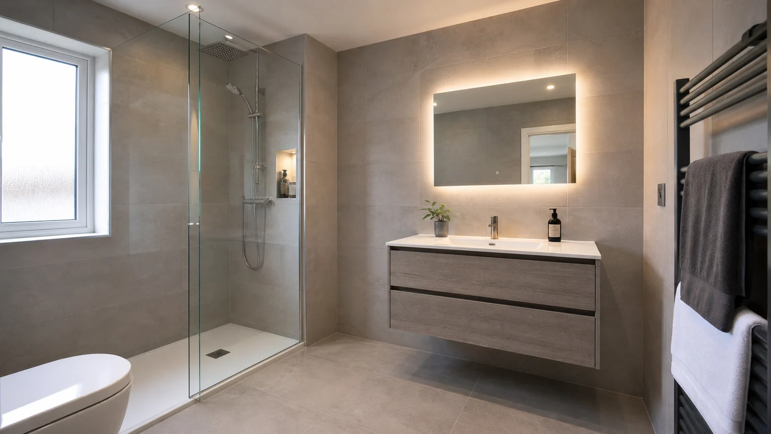 Modern bathroom renovation in St Helens with walk in shower and vanity