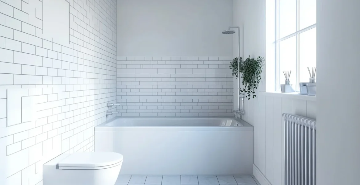 Bathroom building regulations in practice, shown by a finished UK bathroom with metro tiled walls, fitted bath and column radiator