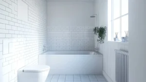 Bathroom building regulations in practice, shown by a finished UK bathroom with metro tiled walls, fitted bath and column radiator