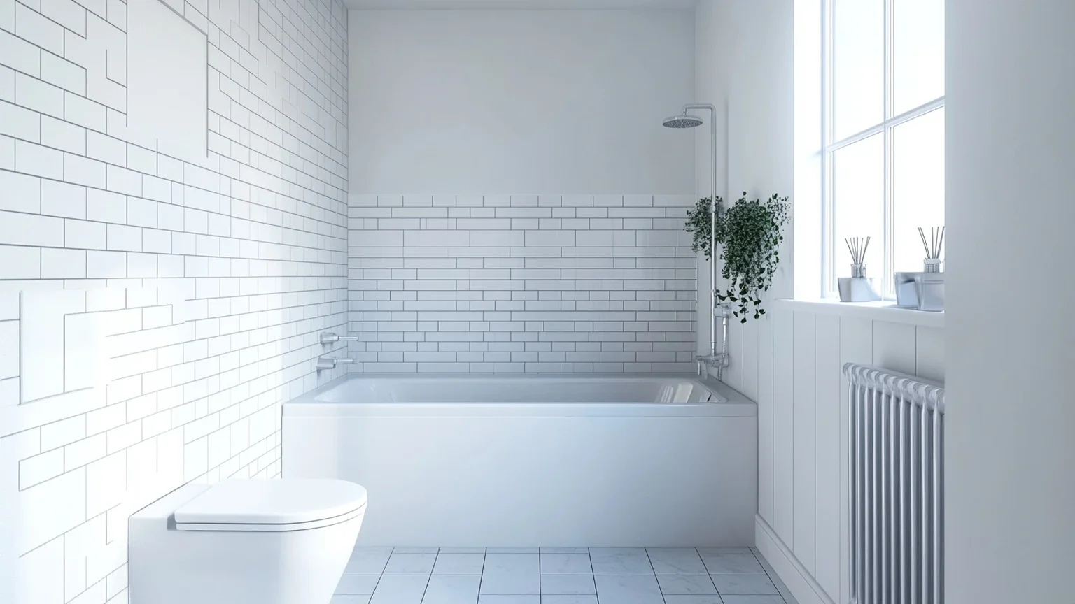 Bathroom building regulations in practice, shown by a finished UK bathroom with metro tiled walls, fitted bath and column radiator