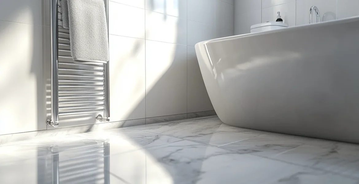 Bathroom underfloor heating result, a warm tiled bathroom floor with a chrome heated towel rail in a UK home