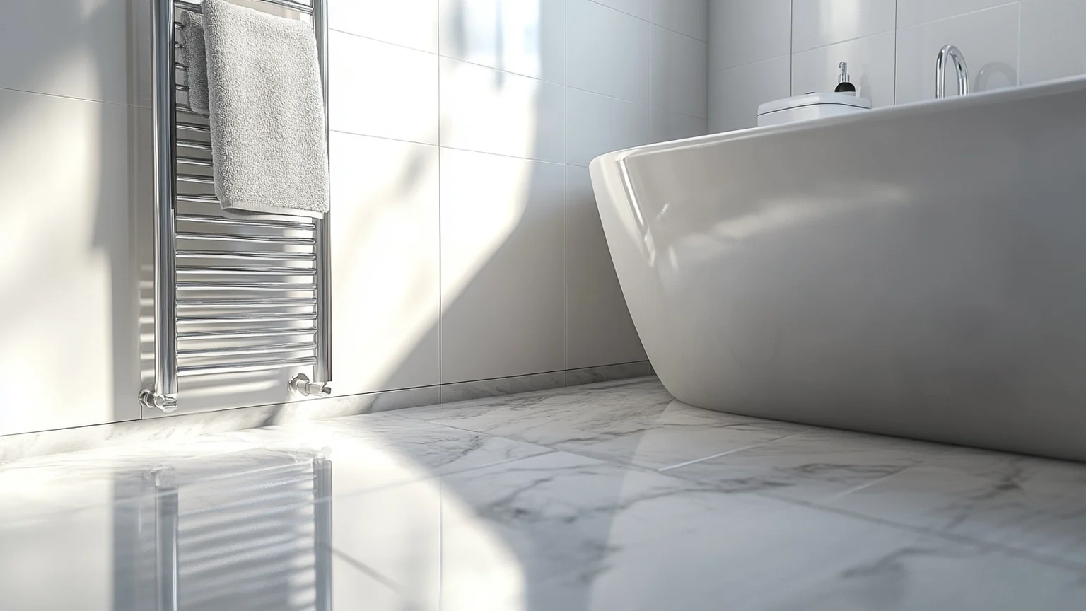 Bathroom underfloor heating result, a warm tiled bathroom floor with a chrome heated towel rail in a UK home