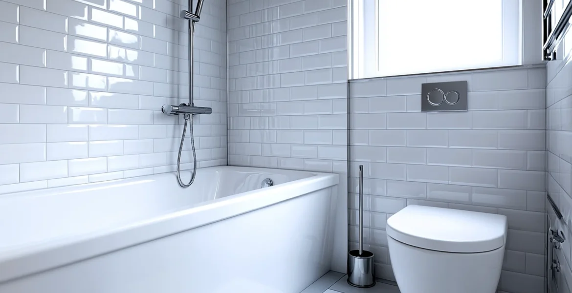 Electric vs mixer shower comparison, with a chrome thermostatic mixer shower fitted over a white bath in a compact UK bathroom