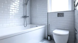 Electric vs mixer shower comparison, with a chrome thermostatic mixer shower fitted over a white bath in a compact UK bathroom