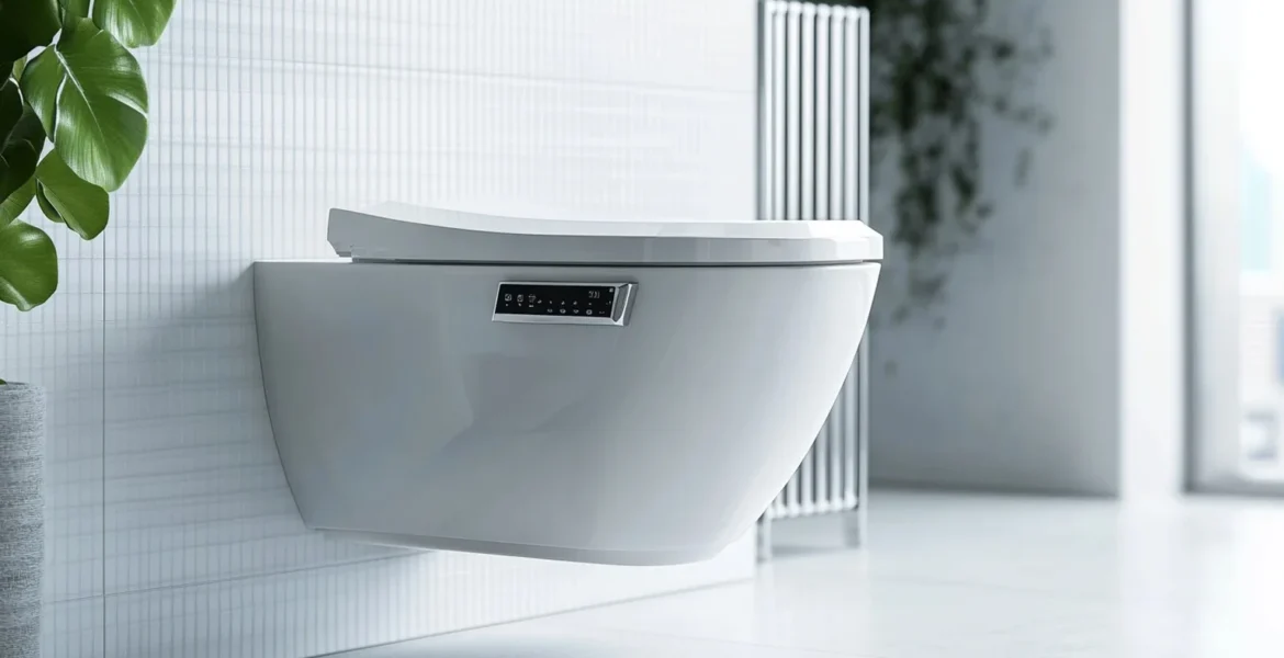 Japanese toilet installation in a UK bathroom, showing a wall hung smart bidet toilet with a side control panel