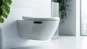 Japanese toilet installation in a UK bathroom, showing a wall hung smart bidet toilet with a side control panel