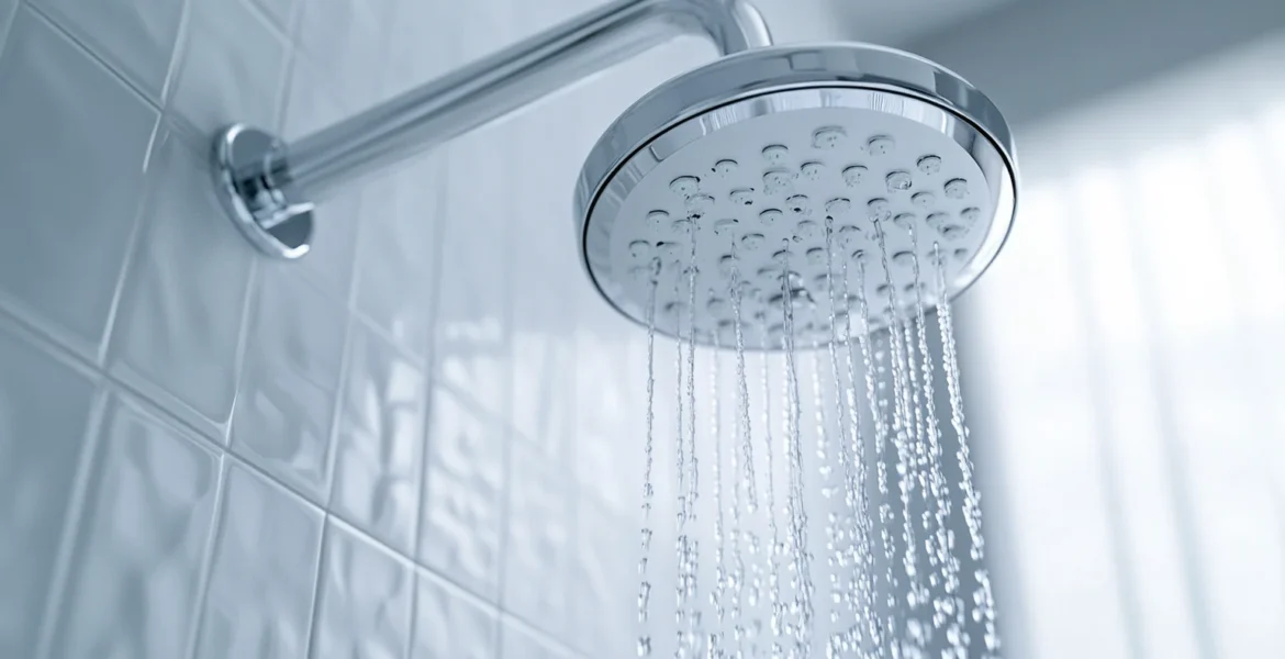 Low water pressure shown by a chrome shower head running a weak flow in a tiled UK bathroom