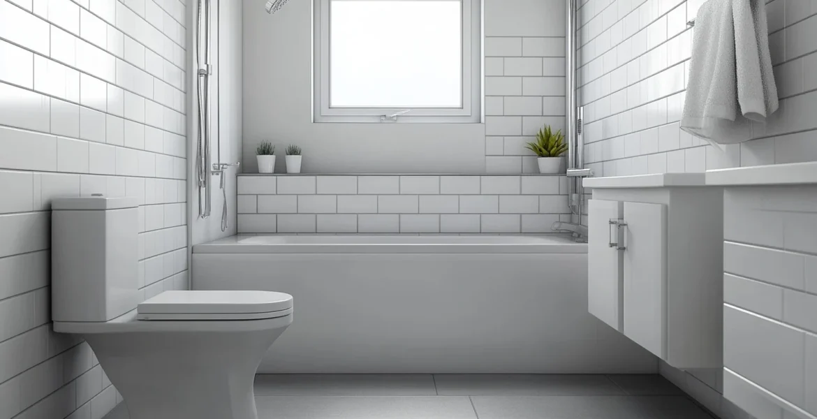 Rental property bathroom in a UK home with a white bath, close coupled toilet and basin unit