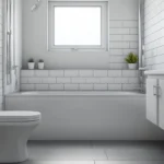 Rental property bathroom in a UK home with a white bath, close coupled toilet and basin unit