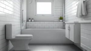 Rental property bathroom in a UK home with a white bath, close coupled toilet and basin unit