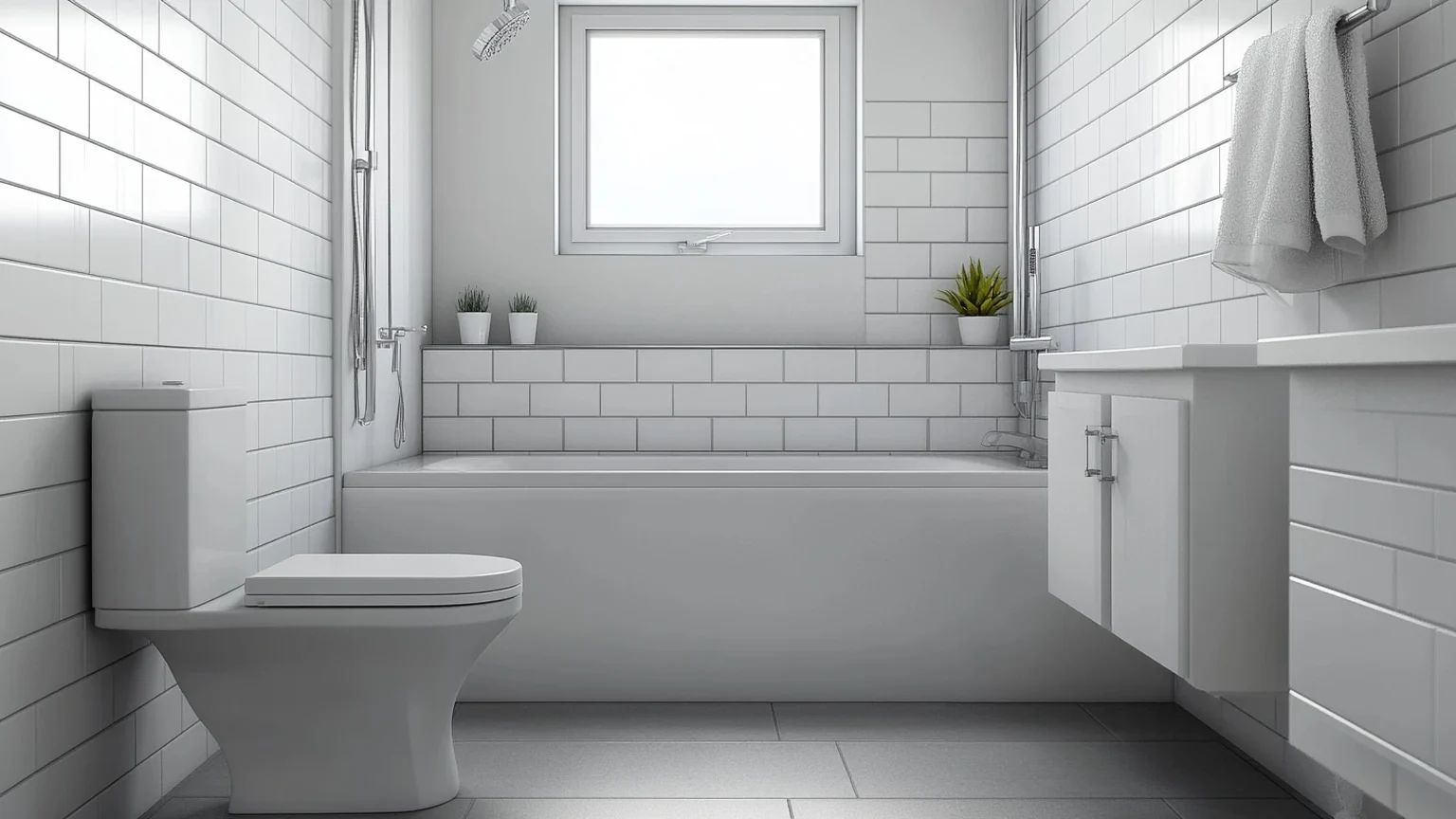 Rental property bathroom in a UK home with a white bath, close coupled toilet and basin unit
