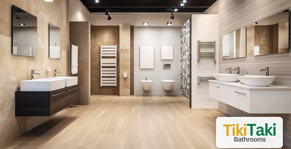 TikiTaki Bathrooms logo shown with a modern UK bathroom showroom display of wall panels, vanity units and mirrors