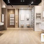 TikiTaki Bathrooms logo shown with a modern UK bathroom showroom display of wall panels, vanity units and mirrors