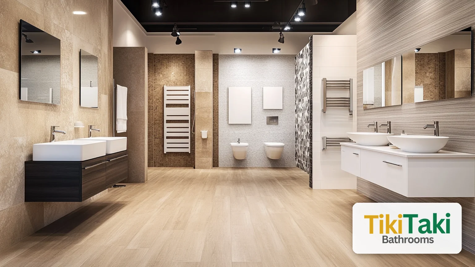 TikiTaki Bathrooms logo shown with a modern UK bathroom showroom display of wall panels, vanity units and mirrors