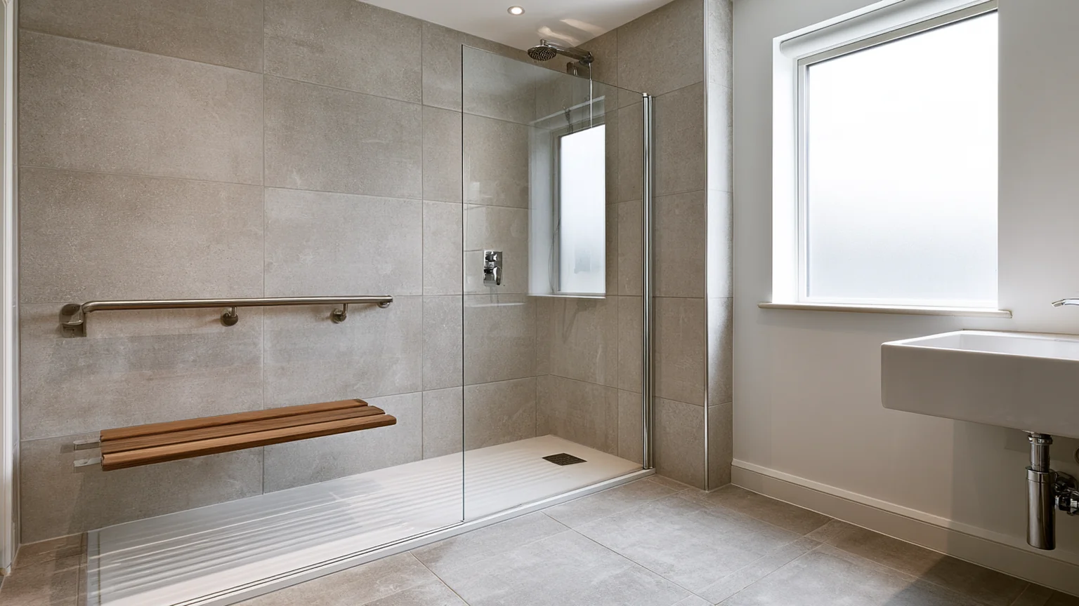 Accessible bathroom with a level access shower, grab rail and fold-down teak seat fitted in Merseyside