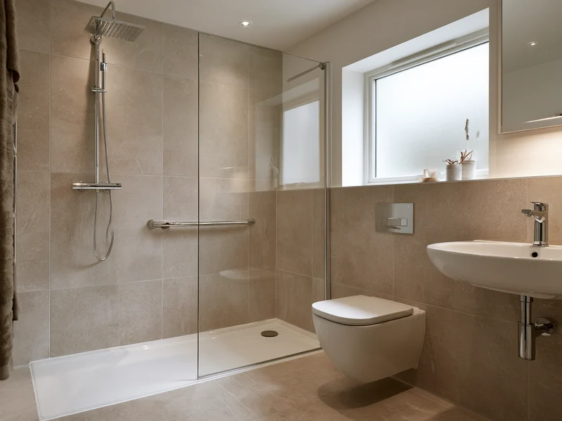 Level access shower enclosure with grab rail and comfort height basin