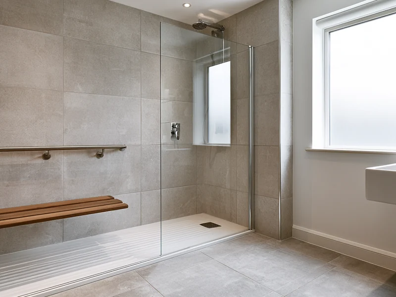 Level access shower with a fold-down teak seat and grab rail, Merseyside