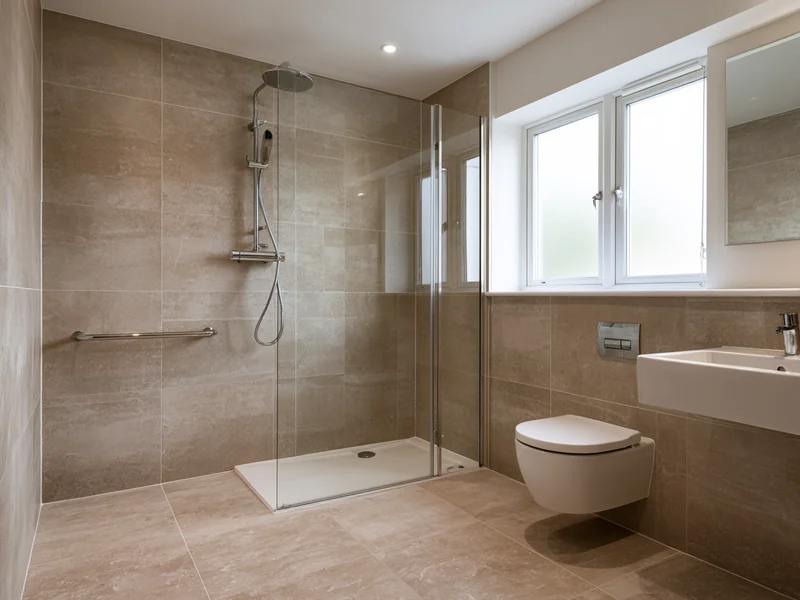 Walk-in shower with a wall mounted grab rail in a British bathroom