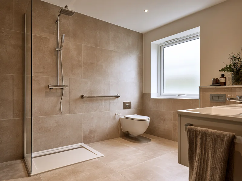 Accessible wet room with a level access tray and wall hung WC in Merseyside