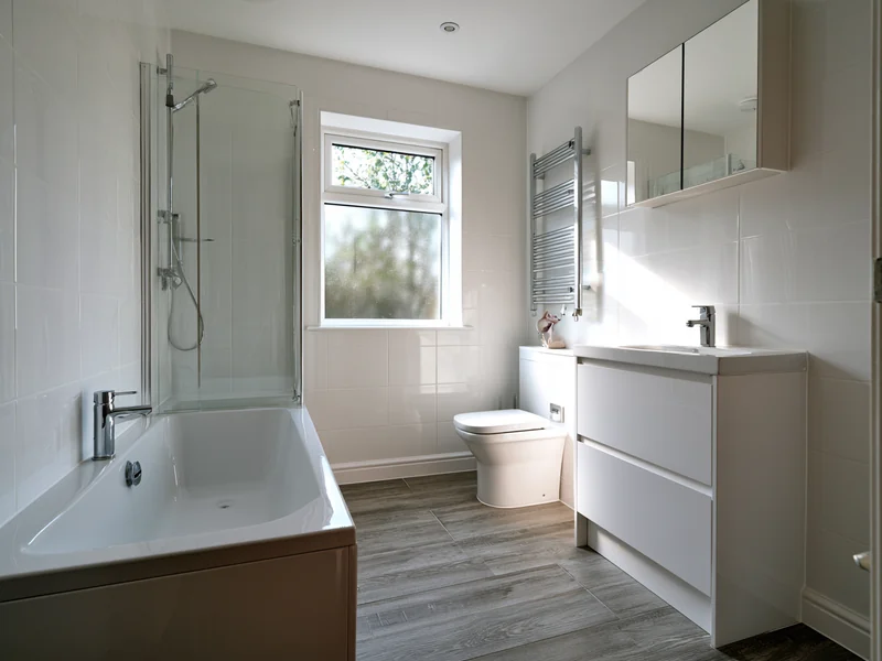 Bathroom refurbishment in Widnes with a white bath and vanity unit