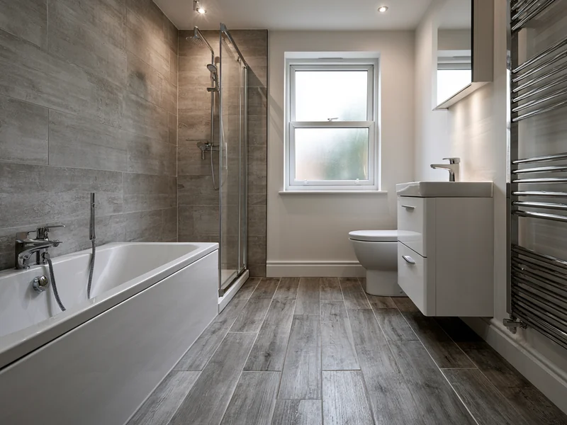 Finished bathroom refurbishment in Widnes with wood effect flooring