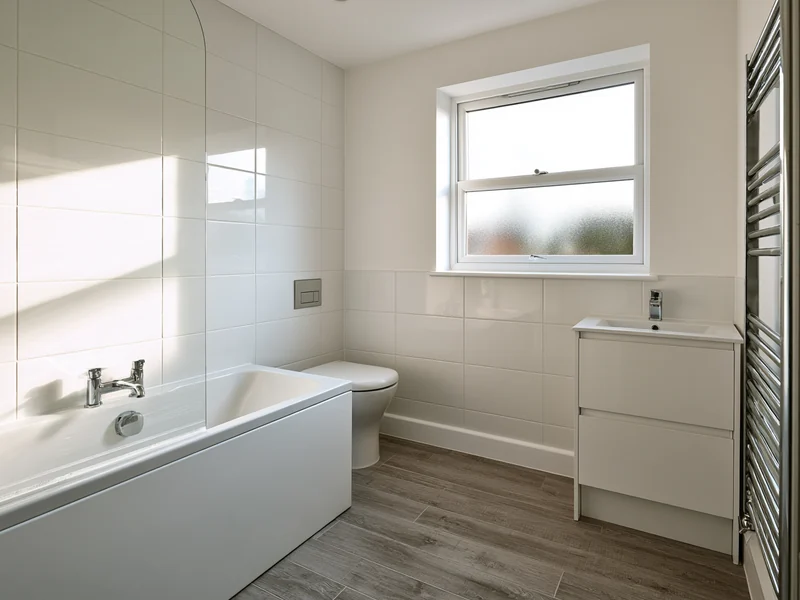 Bath, vanity unit and wood effect flooring in a Widnes bathroom