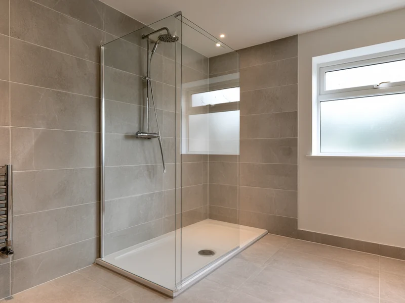 Walk-in shower and chrome heated towel rail in a Widnes bathroom